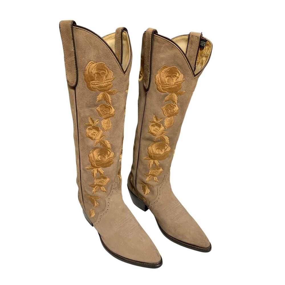 Dan Post Womens Suede Gold Embroidered Roses Western Cowboy Boots Beige Size 7 M